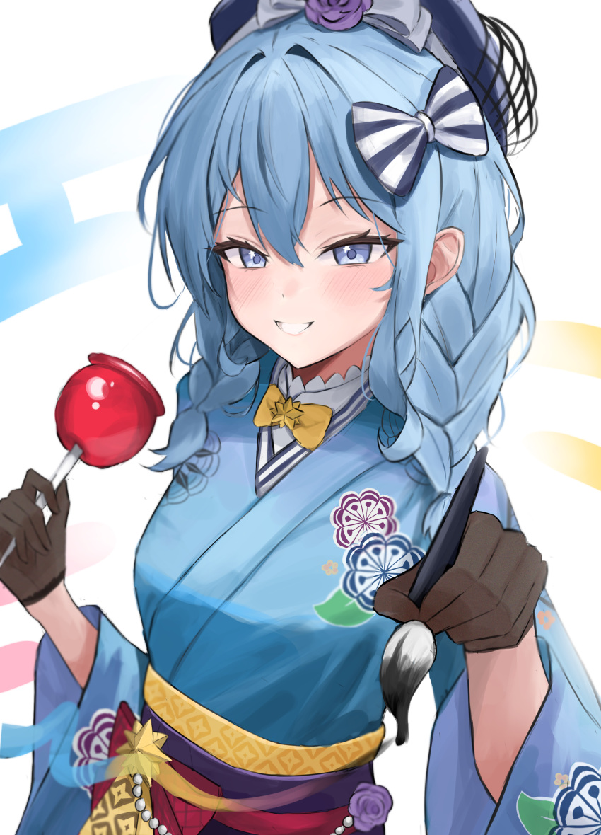 1girl, absurdres, beret, blue_eyes, blue_hair, blue_headwear, blue_kimono, blush