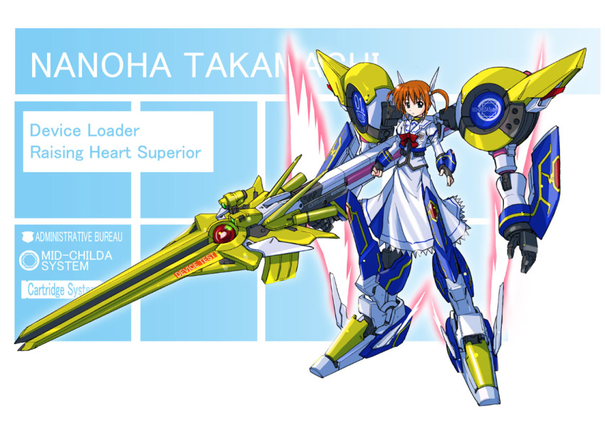 blue_eyes, brown_hair, fingerless_gloves, gloves, hair_ribbon, ishiguchi_juu, mahou_shoujo_lyrical_nanoha, mecha_musume, raising_heart, ribbon, takamachi_nanoha, twintails, weapon