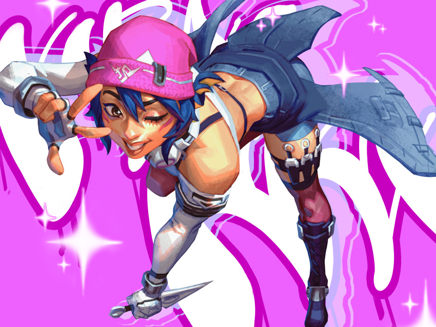 1girl, absurdres, antifragile_kira-kira, beanie, bent_over, blue_hair, elbow_gloves, gloves