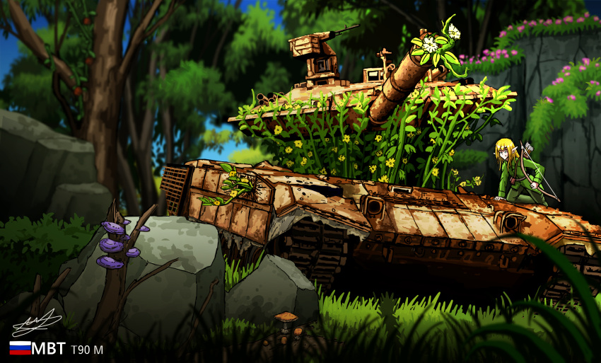 1girl, abandoned, arrow_(projectile), blonde_hair, bow_(weapon), elf, flower, forest