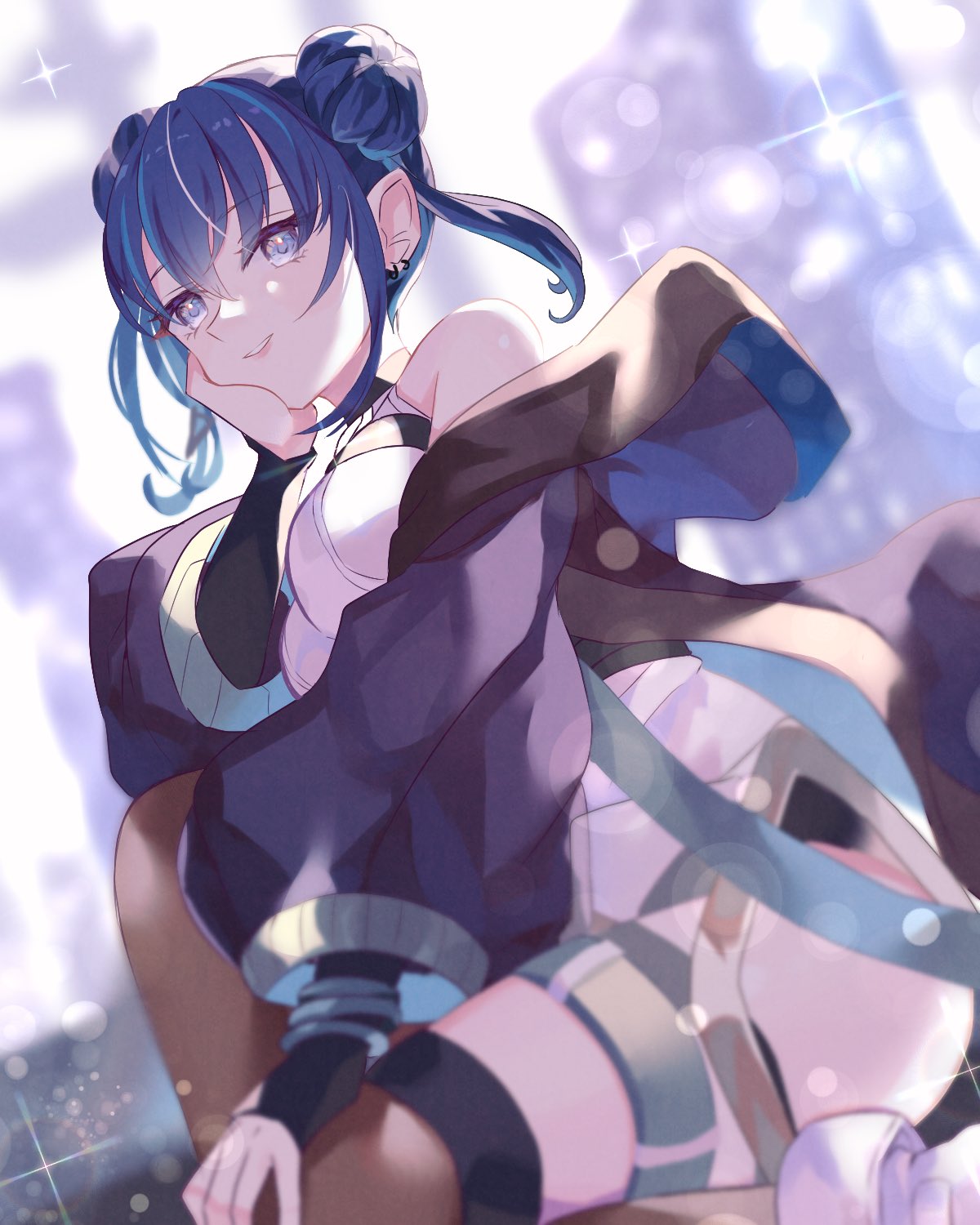 1girl, blue_eyes, blue_hair, breasts, double_bun, duel_monster, evil_twin_lil-la, hair_bun, hand_on_own_face, highres, jacket, large_breasts, lil-la_(yu-gi-oh!), looking_at_viewer, official_alternate_costume, short_hair, smile, thigh-highs, winegrapeivy30, yu-gi-oh!