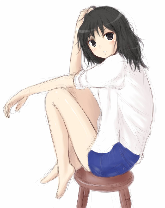 1girl, amagami, black_eyes, black_hair, kusaka_maichi, sitting, sketch, sleeves_rolled_up