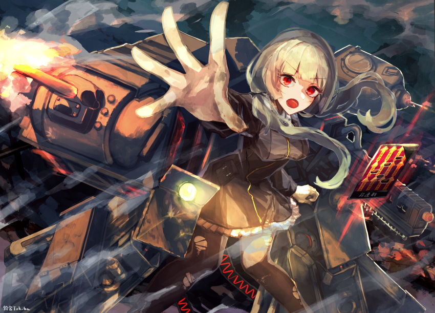 1girl, aiming, ash_arms, battle, blonde_hair, breasts, cannon, firing