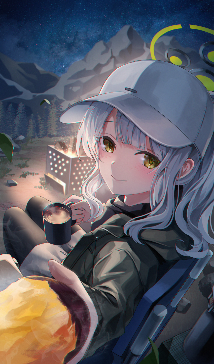 1girl, absurdres, blue_archive, blush, closed_mouth, coffee, coffee_mug, cup