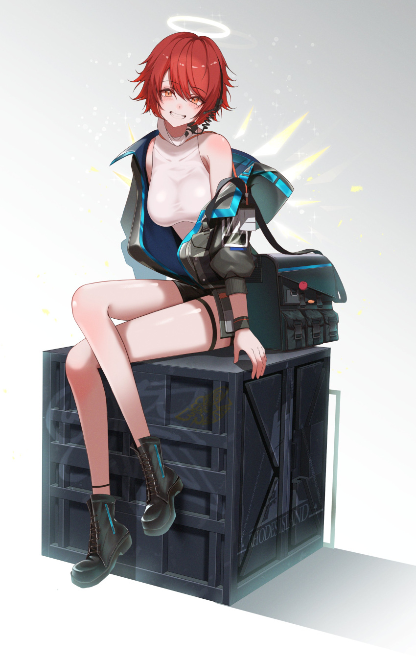 1girl, absurdres, arknights, arm_support, armpit_crease, bag, bare_legs, black_bag