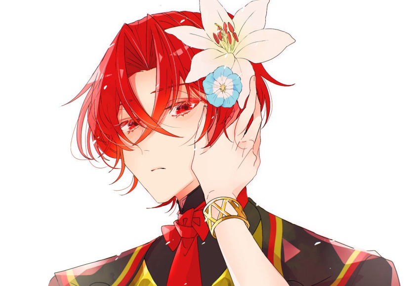 1boy, 1girl, alear_(fire_emblem), alear_(male)_(fire_emblem), blue_flower, closed_mouth, commentary_request, crossed_bangs
