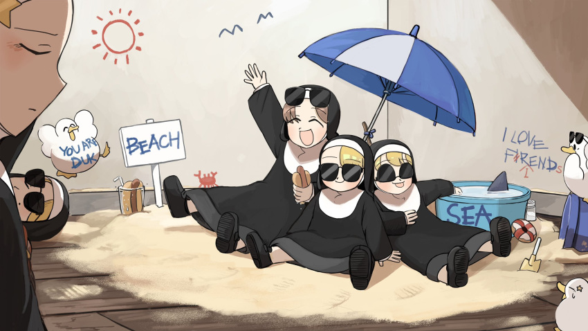 5girls, :d, aged_down, bird, black_footwear, blonde_hair, brown_hair, bucket