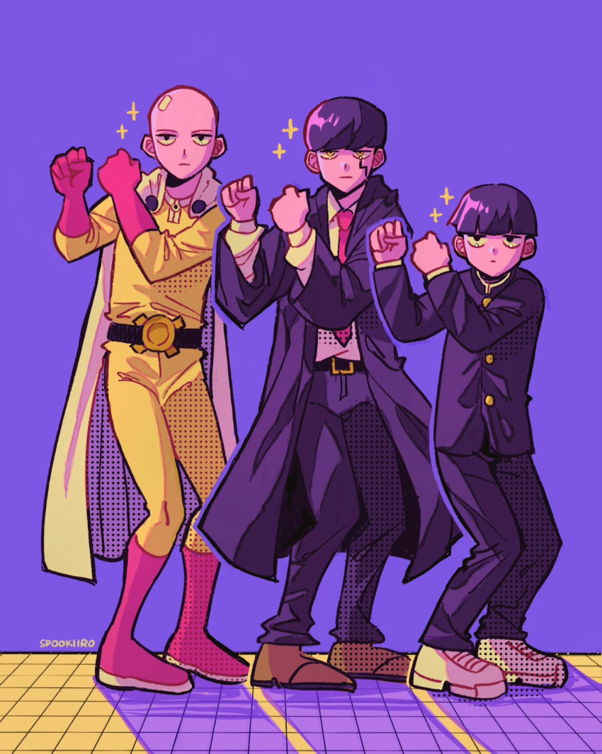 3boys, bald, black_coat, black_hair, black_jacket, black_pants, bling-bang-bang-born_(creepy_nuts), boots