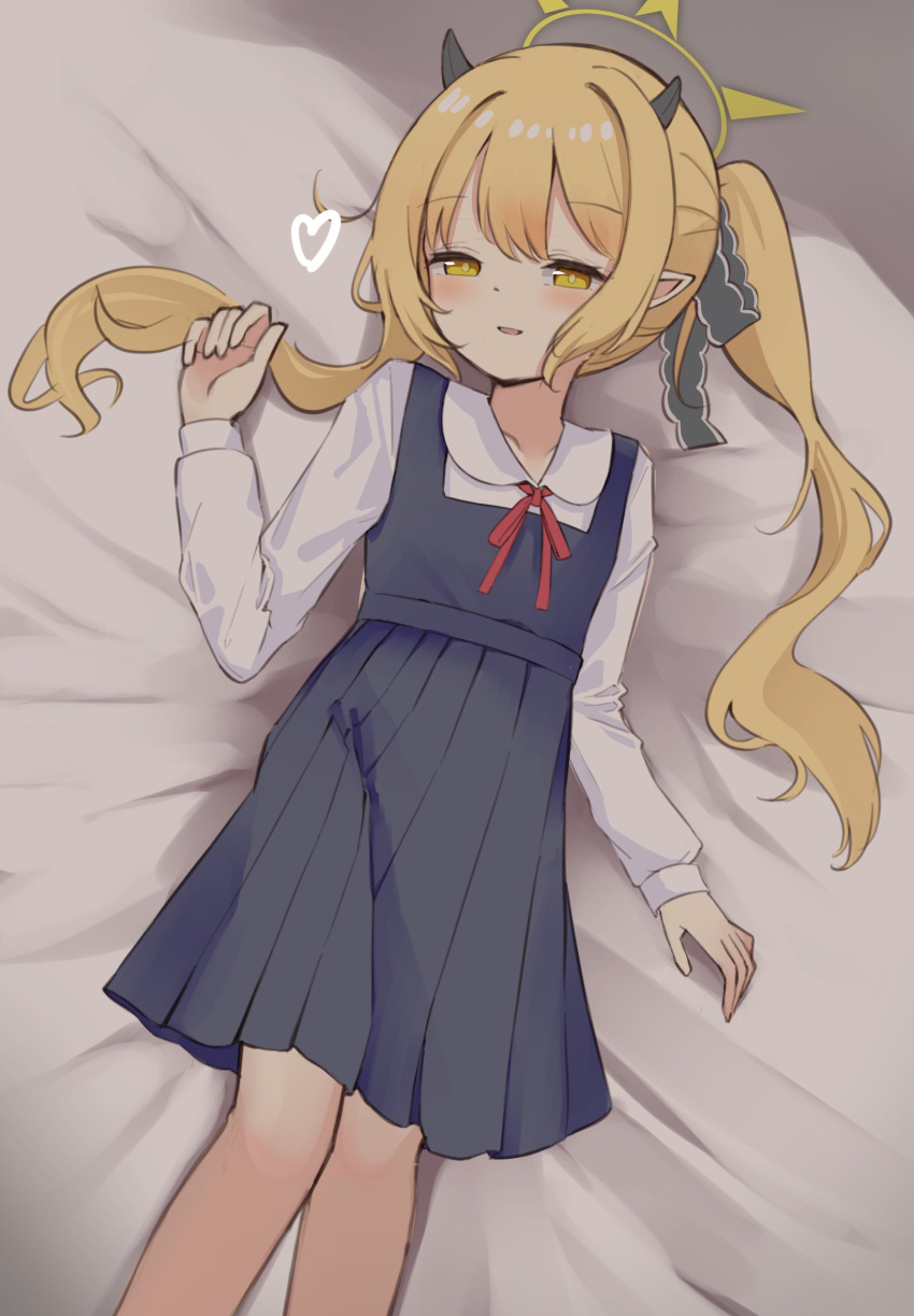 1girl, bed_sheet, black_horns, blonde_hair, blue_archive, blush, demon_horns, dress