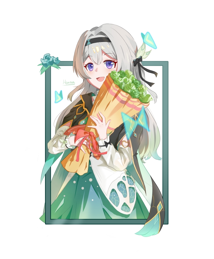 1girl, :d, artist_name, black_hairband, black_jacket, black_ribbon, blue_flower, blush