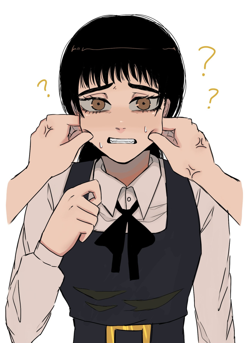 1girl, 1other, ?, anger_vein, black_hair, brown_eyes, chainsaw_man, cheek_pinching