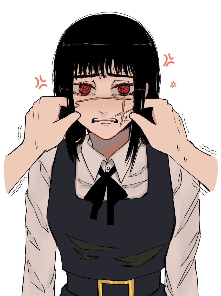 1girl, 1other, anger_vein, black_hair, chainsaw_man, cheek_pinching, commentary, cross_scar, dolphin_cat, fourth_east_high_school_uniform, frown, highres, pinching, pov, pov_hands, red_eyes, ringed_eyes, scar, scar_on_cheek, scar_on_face, school_uniform, sweat, trembling, yoru_(chainsaw_man)