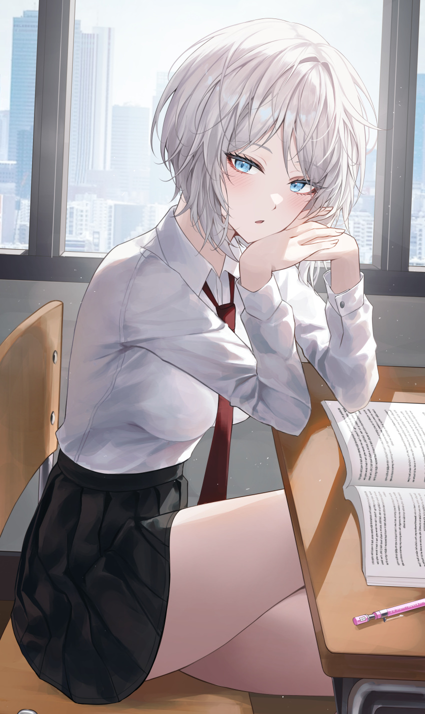 1girl, absurdres, black_skirt, blue_eyes, book, breasts, building, chair