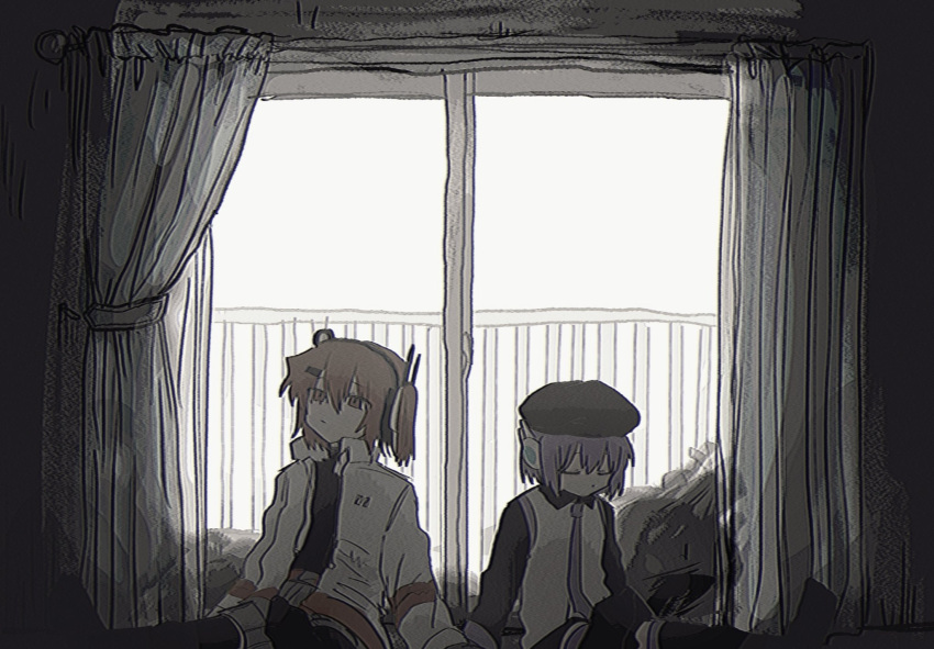 2girls, a.i._voice, adachi_rei, apartment, beret, black_headwear, black_shirt, black_sleeves, black_thighhighs, closed_eyes, closed_mouth, dark_room, expressionless, film_grain, glass_door, hair_ornament, hair_ribbon, hairclip, half-closed_eyes, hat, headlamp, highres, indoors, jacket, kurashi_gas_meter_(voiceroid), long_sleeves, multiple_girls, necktie, no_shoes, one_side_up, open_clothes, open_jacket, orange_eyes, orange_hair, outstretched_legs, purple_hair, purple_necktie, radio_antenna, ribbon, robot_ears, shirt, short_hair, shorts, side-by-side, sitting, skirt, sliding_doors, suuno_kamibukuro, thigh-highs, turtleneck, utane_uta, utau, variant_set, white_jacket, white_ribbon, white_shirt