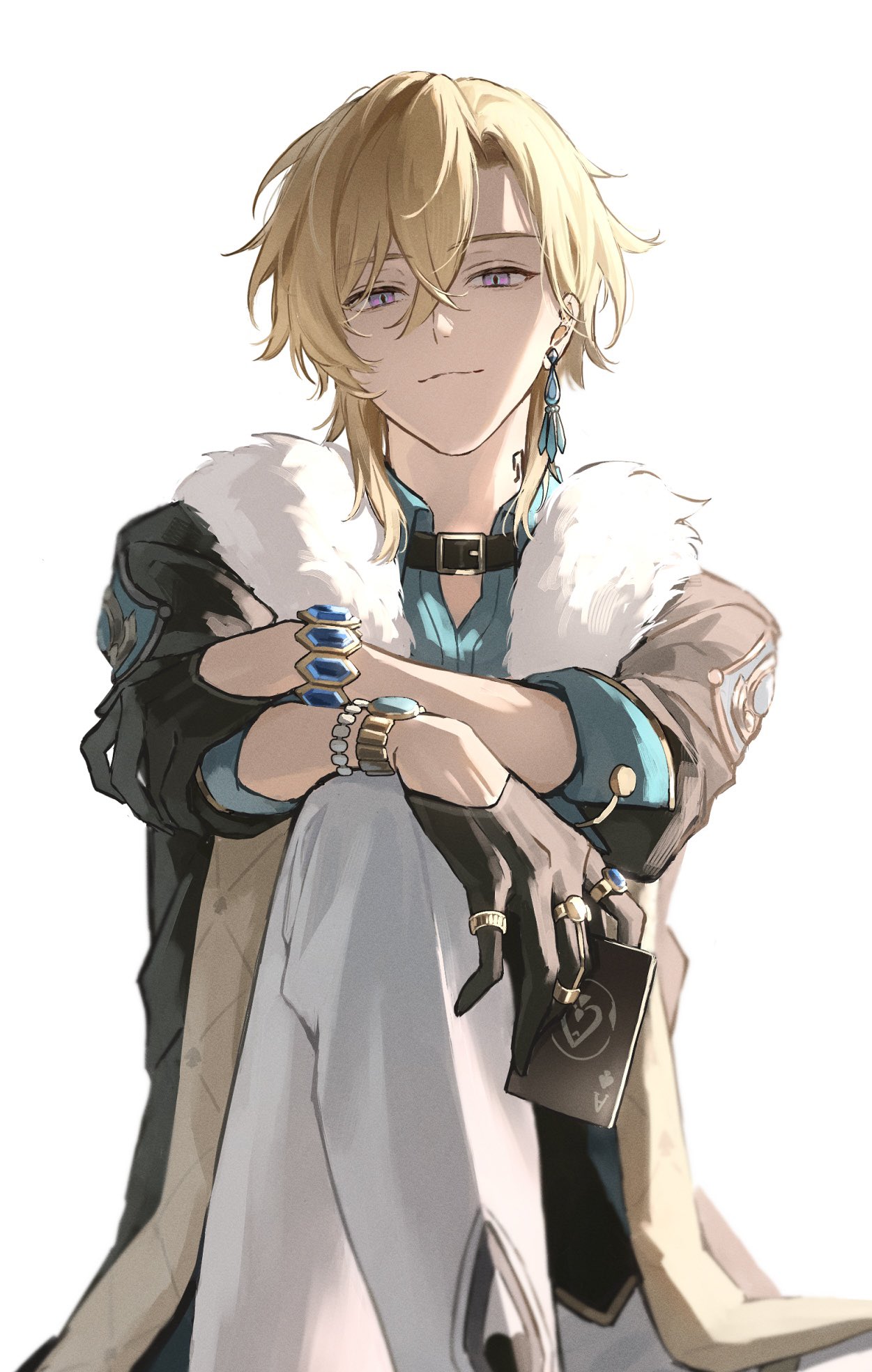 1boy, aqua_shirt, aventurine_(honkai:_star_rail), black_gloves, black_jacket, blonde_hair, bracelet, card