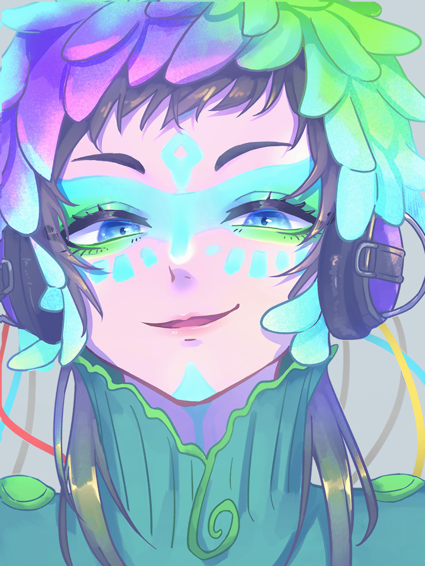 1other, aqua_hair, artist_name, blue_eyes, blue_feathers, carua_gyuunyuu, eyelashes, facepaint
