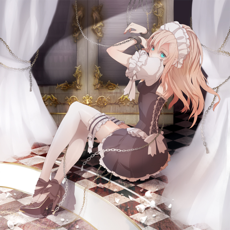 chain, checkered, checkered_floor, garters, high_heels, legs, long_hair, maid