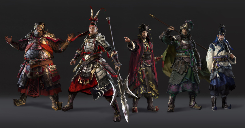 5boys, arm_up, armor, armored_boots, arms_up, beard, black_background, black_hanfu