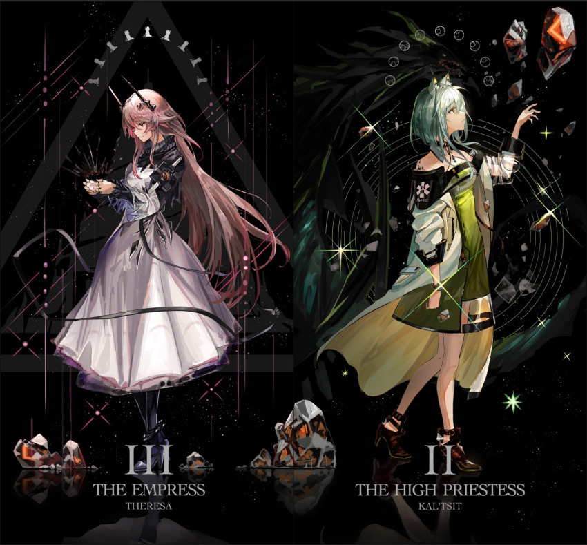 2girls, animal_ear_fluff, animal_ears, arknights, bare_shoulders, black_background, black_choker, black_footwear, black_jacket, black_pantyhose, blue_hair, breasts, brown_hair, cat_ears, cat_girl, character_name, choker, closed_mouth, commentary_request, demon_horns, dress, english_text, full_body, gradient_hair, green_dress, green_eyes, hair_between_eyes, hand_up, hands_up, high_heels, highres, horns, jacket, kal'tsit_(arknights), kasumi_yuzuha, long_hair, looking_back, looking_to_the_side, medium_breasts, multicolored_hair, multiple_girls, off_shoulder, open_clothes, open_robe, pantyhose, pink_eyes, pink_hair, pocket, reflection, robe, rock, shoes, short_hair, sidelocks, smile, sparkle, standing, teeth, theresa_(arknights), two-sided_robe, watch, watch, white_dress, white_robe, yellow_robe