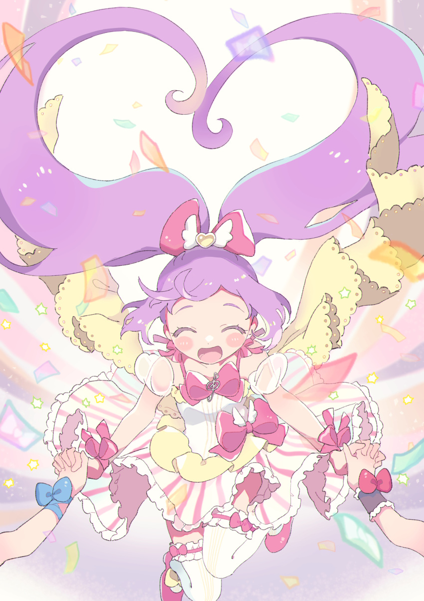 3girls, :d, ahoge, bow, closed_eyes, commentary_request, detached_sleeves, dress, facing_viewer, floating_clothes, floating_hair, full_body, hair_bow, highres, hojo_sophy, holding_hands, idol_clothes, interlocked_fingers, jumping, long_hair, manaka_laala, minami_mirei, multicolored_clothes, multicolored_dress, multiple_girls, nanafushi_sodatsu, open_mouth, out_of_frame, pink_bow, pink_footwear, pretty_series, pripara, priticket, puffy_detached_sleeves, puffy_sleeves, purple_hair, shoes, smile, solo_focus, thigh-highs, treble_clef, twintails, very_long_hair, white_thighhighs