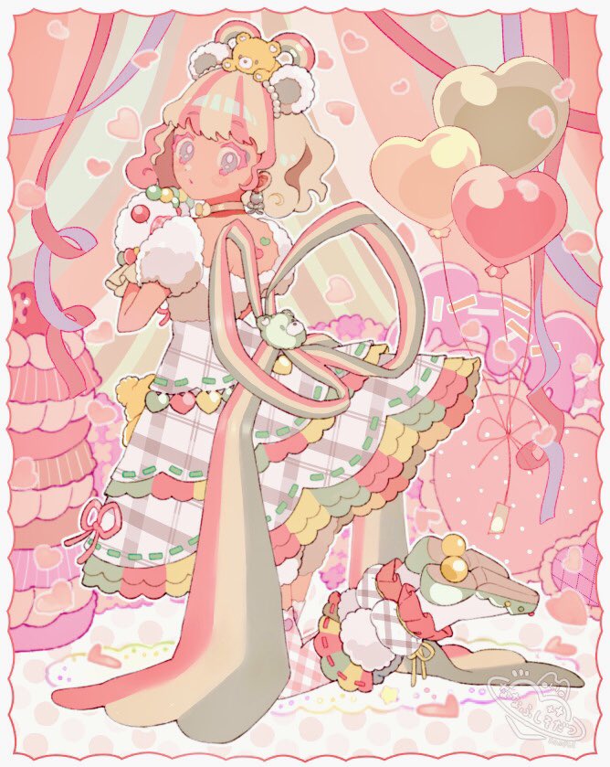 1girl, amauri_miruki, amauri_miruki_(primagista), animal_ears, animal_hands, back_bow, balloon, blonde_hair, blue_eyes, boots, border, bow, colored_eyelashes, commentary_request, dress, earrings, fake_animal_ears, full_body, gloves, heart_balloon, jewelry, kneeling, looking_at_viewer, looking_back, multicolored_hair, nanafushi_sodatsu, paw_gloves, pink_hair, pretty_series, shoe_soles, short_hair, signature, solo, streaked_hair, stuffed_animal, stuffed_toy, teddy_bear, waccha_primagi!, white_border, white_dress, white_footwear
