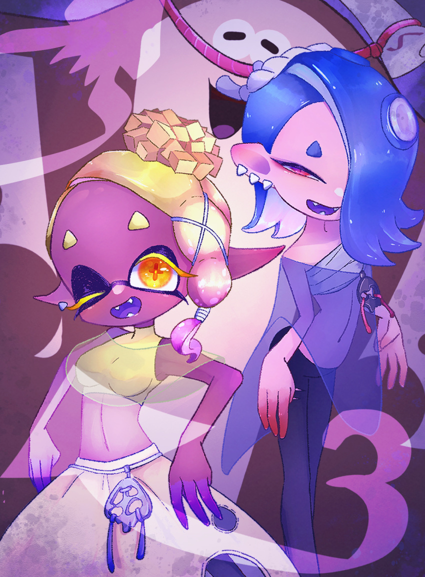 1boy, 2girls, :d, androgynous, bare_shoulders, big_man_(splatoon), blonde_hair, blue_hair