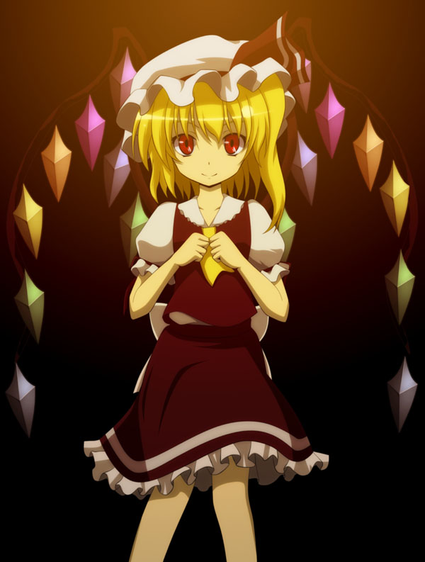 dress, flandre_scarlet, hat, kuroma_(no_plan), niya_(pixiv1723870), red_eyes, side_ponytail, smile