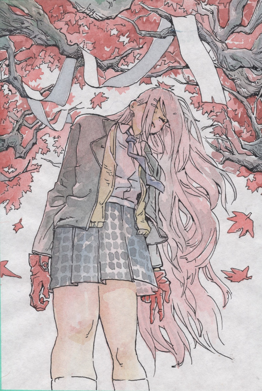 1girl, arms_at_sides, autumn_leaves, black_jacket, blue_necktie, cardigan, closed_eyes, closed_mouth