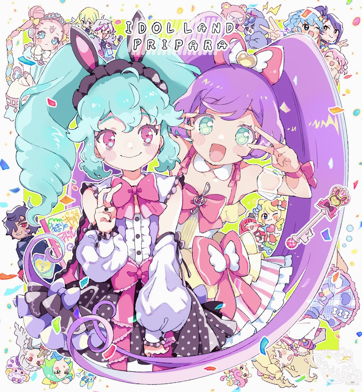 3boys, 6+girls, :d, ahoge, animal_ears, bent_v, black_hairband, black_nails