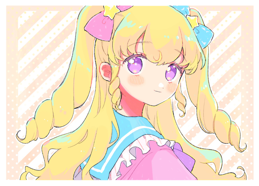 1girl, blonde_hair, blue_bow, blue_sailor_collar, border, bow, closed_mouth, from_side