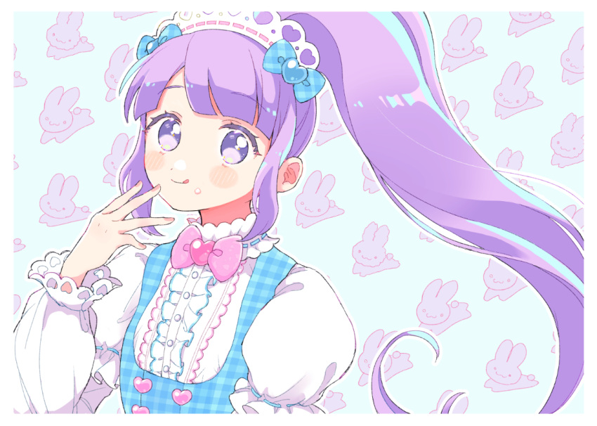1girl, blue_background, blue_bow, blunt_bangs, border, bow, center_frills, closed_mouth
