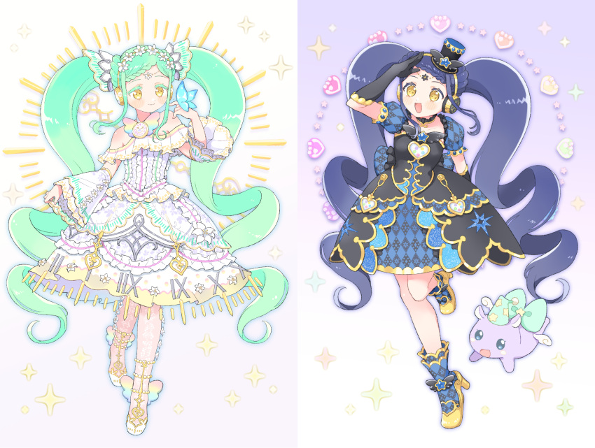2girls, :d, baku_(creature), bare_shoulders, black_dress, black_gloves, blue_butterfly, blue_footwear