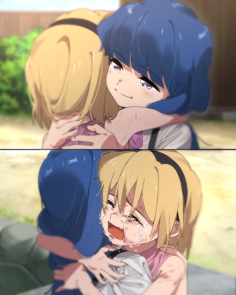 2girls, 2koma, aru_aru, black_hairband, blonde_hair, blue_hair, blunt_bangs, furude_rika, hairband, higurashi_no_naku_koro_ni, houjou_satoko, hug, long_hair, multiple_girls, multiple_views, outdoors, pink_shirt, shirt, short_hair, sleeveless, sleeveless_shirt, smile, suspenders, tearing_up, tears, violet_eyes, white_shirt