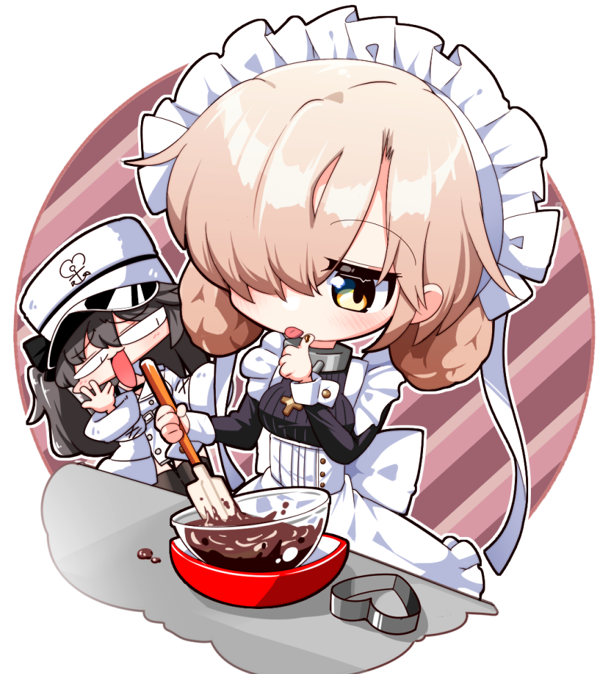 2girls, azur_lane, black_hair, black_thighhighs, blonde_hair, chibi, chocolate, chocolate_making