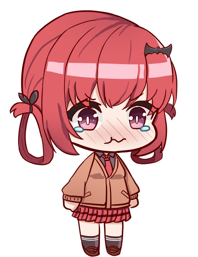 1girl, arms_at_sides, bat_hair_ornament, black_socks, blush, bright_pupils, brown_cardigan, brown_footwear
