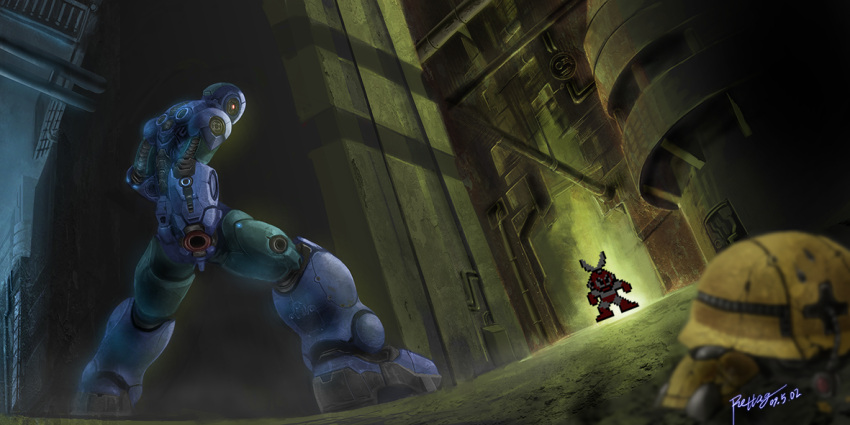 2boys, building, capcom, city, cutman, highres, mega_man_(classic), mega_man_(series), mega_man_x_(series), metool, rettag, rockman, rockman_(classic), rockman_(original), rockman_x, wallpaper, weapon, x, x_(mega_man)