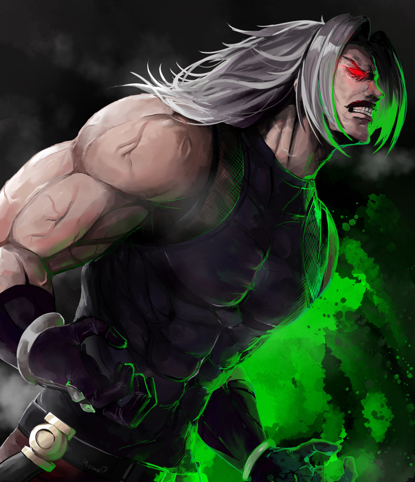 absurdres, clenched_teeth, facial_hair, glowing, glowing_eye, green_background, highres, momorikihana