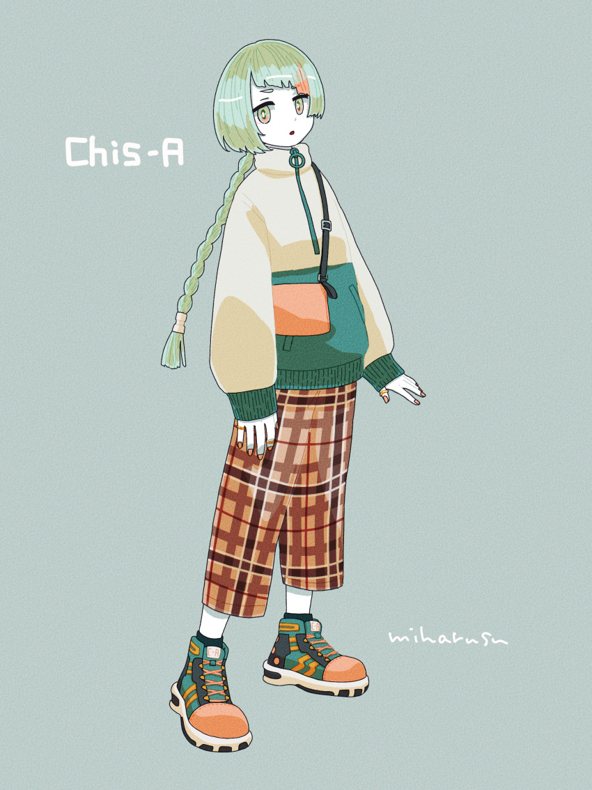 1girl, absurdres, alternate_costume, arms_at_sides, artist_name, bag, boots, braid