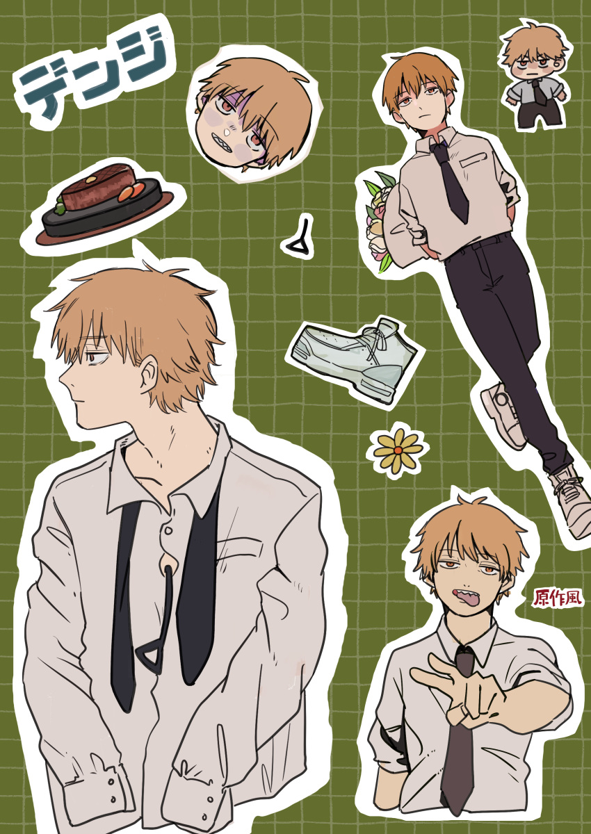 1boy, absurdres, black_necktie, blonde_hair, bouquet, chainsaw_man, chibi, commentary_request