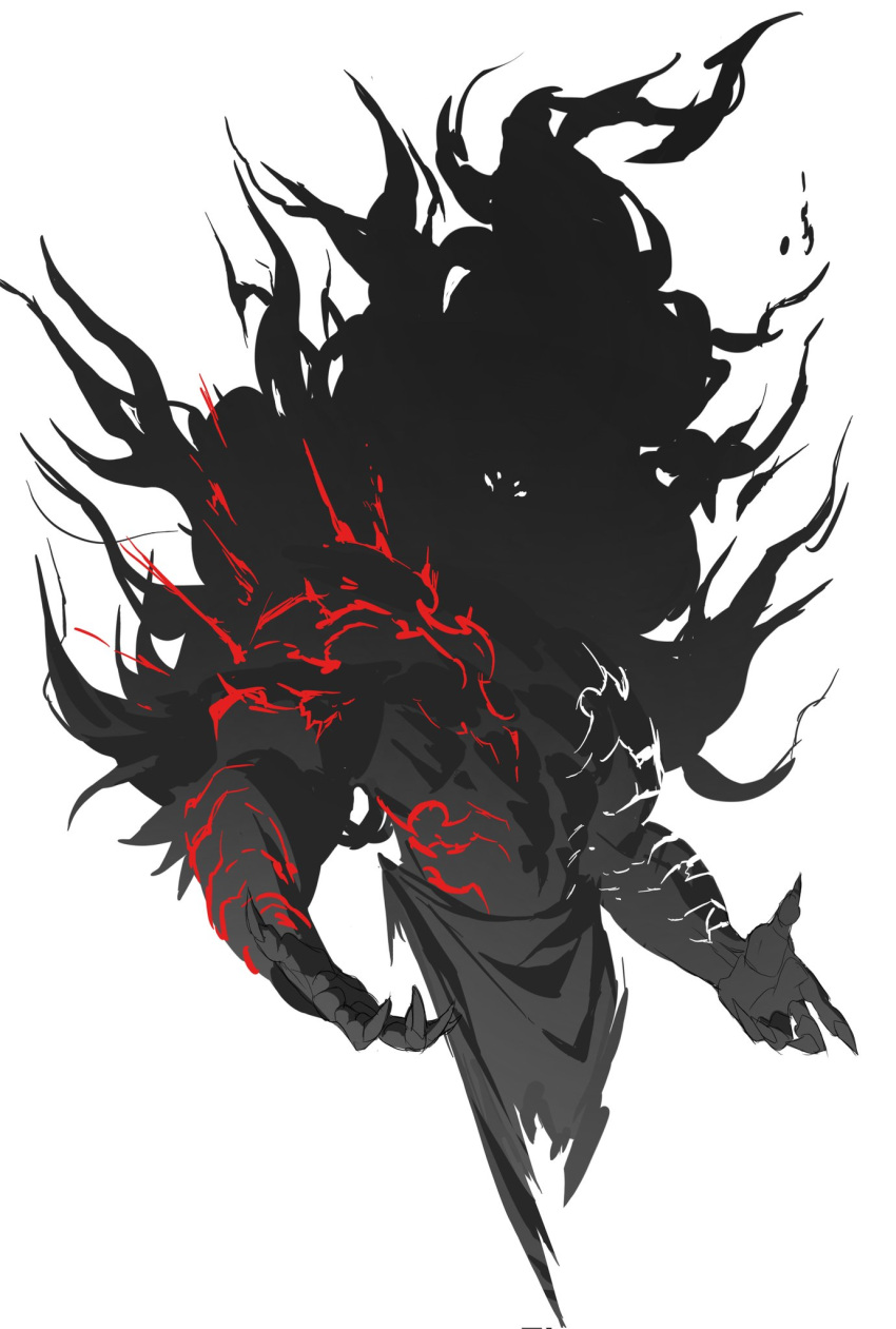 1boy, abs, claws, cropped_legs, extra_eyes, eyes_in_shadow, fiery_hair, hands_up