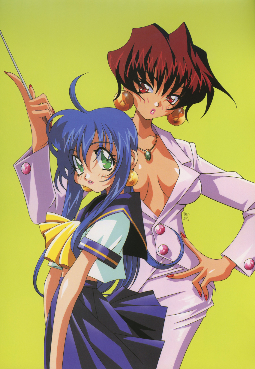 1990s_(style), 2girls, absurdres, ahoge, blue_hair, blue_skirt, center_opening, green_background