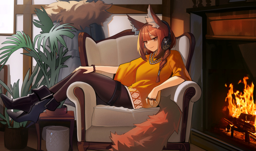 1girl, animal_ears, arknights, armchair, black_footwear, black_headphones, boots, bracelet