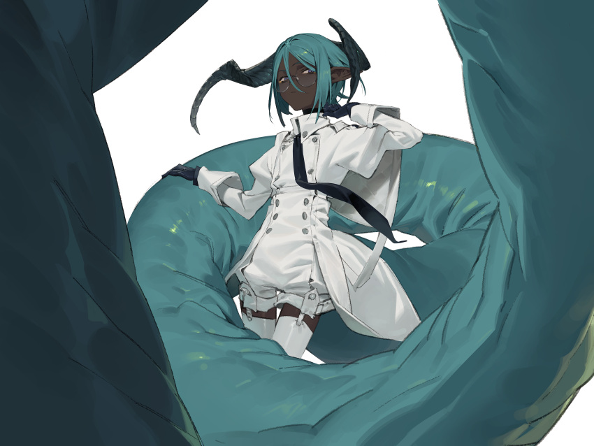 1girl, absurdres, amrkdrw, baggy_pants, black_gloves, black_horns, black_necktie, blue_hair, closed_mouth, coat, dark-skinned_female, dark_skin, gloves, grey-framed_eyewear, hair_between_eyes, hands_up, highres, horns, juliet_sleeves, legwear_garter, long_sleeves, looking_at_viewer, necktie, original, pants, pointy_ears, puffy_sleeves, round_eyewear, short_hair, sidelocks, simple_background, solo, standing, thigh-highs, very_dark_skin, very_long_tail, violet_eyes, white_background, white_coat, white_pants, white_thighhighs, yellow_eyeliner