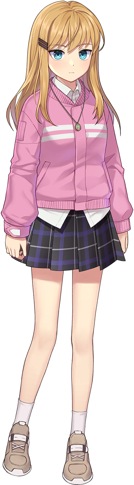 1girl, arms_at_sides, blonde_hair, blue_eyes, breasts, chrono_ark, collared_shirt, expressionless