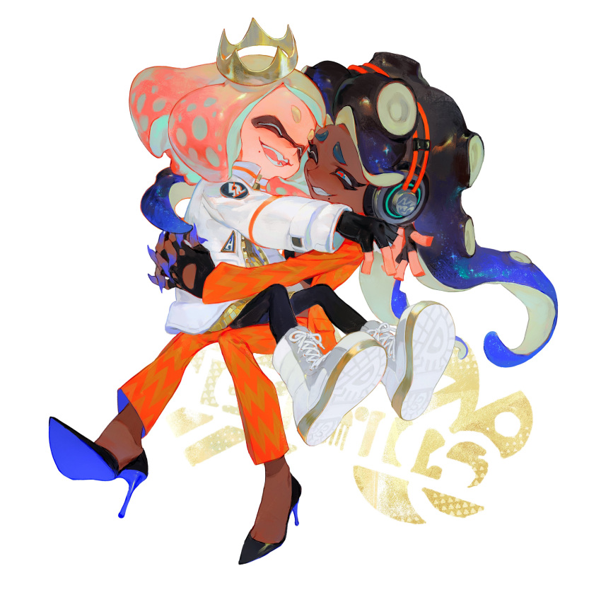 2girls, absurdres, black_footwear, black_hair, blue_hair, boots, carrying, carrying_person
