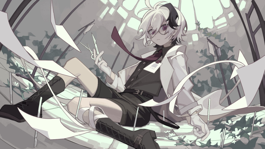 1girl, alternate_costume, androgynous, antenna_hair, bandage_on_leg, bandaged_arm, bandages, belt
