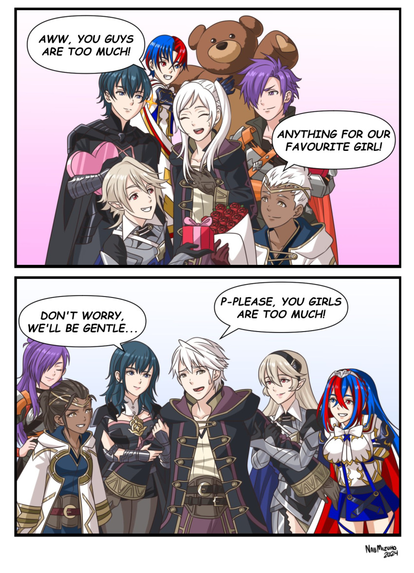 alear_(female)_(fire_emblem), alear_(fire_emblem), artist_request, byleth_(female)_(fire_emblem), byleth_(fire_emblem), byleth_(male)_(fire_emblem), coat, corrin_(female)_(fire_emblem), corrin_(fire_emblem), corrin_(male)_(fire_emblem), dark_skin, dual_persona, fire_emblem, fire_emblem:_three_houses, fire_emblem_awakening, fire_emblem_engage, fire_emblem_fates, fire_emblem_heroes, fire_emblem_warriors:_three_hopes, headband, highres, kiran_(fire_emblem), multicolored_hair, multiple_boys, multiple_girls, red_eyes, redhead, robin_(female)_(fire_emblem), robin_(fire_emblem), robin_(male)_(fire_emblem), shez_(female)_(fire_emblem), shez_(fire_emblem), shez_(male)_(fire_emblem), short_hair, skirt, smile, stuffed_animal, stuffed_toy, teddy_bear, twintails, white_hair