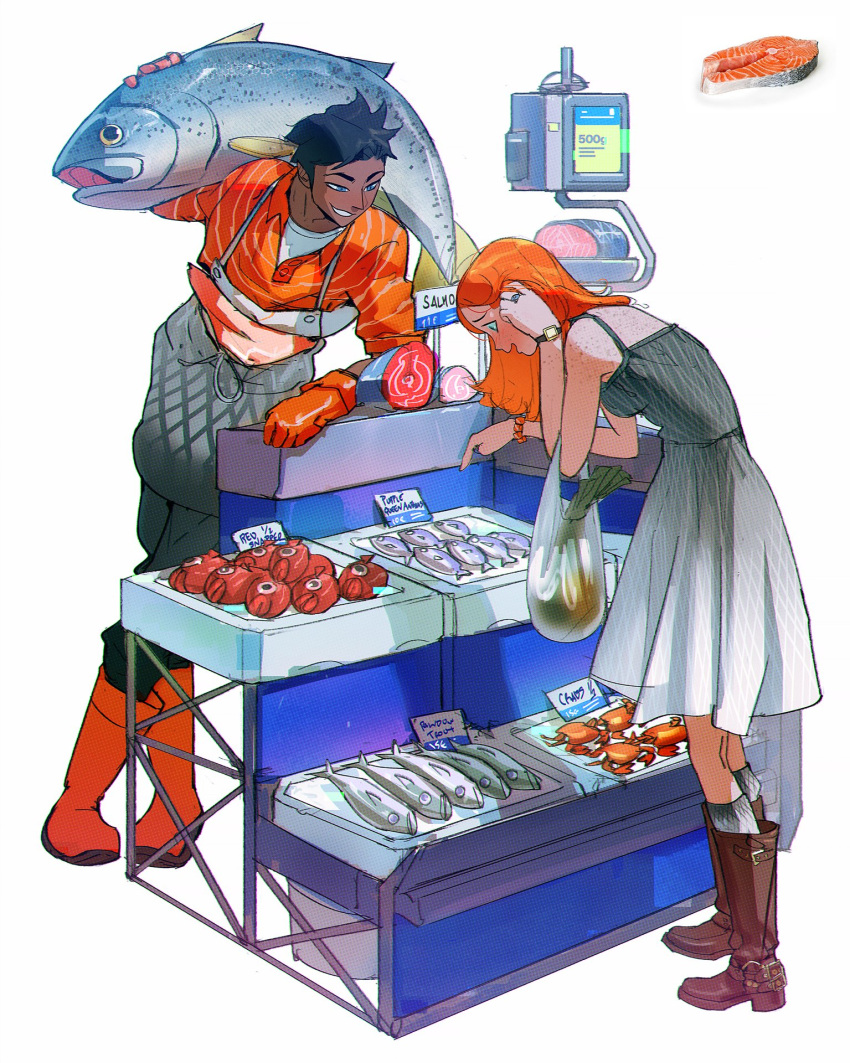 adjusting_hair, animal, arm_rest, bag, black_hair, black_pants, blue_eyes, blush, body_freckles, boots, brown_footwear, counter, crab, dark-skinned_male, dark_skin, dress, english_text, fish, freckles, full_body, gloves, gradient_dress, grey_dress, grey_socks, grin, grocery_bag, highres, holding, holding_animal, holding_bag, holding_fish, leaning_forward, long_hair, looking_at_another, market_stall, open_mouth, orange_footwear, orange_gloves, orange_hair, orange_shirt, original, pants, photo_inset, pointing, pointing_down, ramon_nunez, red_snapper, reference_inset, salmon, shirt, shopping_bag, sign, simple_background, sleeves_rolled_up, smile, socks, spring_onion, standing, strap, striped_clothes, striped_shirt, trout, unbuttoned, unbuttoned_shirt, undershirt, watch, watch, weighing_scale, white_background