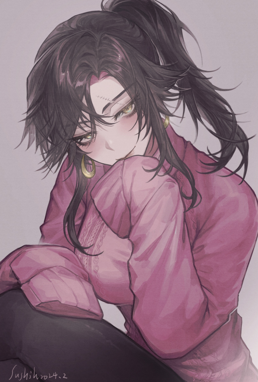 1girl, blush, breasts, crossed_legs, dated, earrings, eyelashes, genderswap, genderswap_(mtf), highres, hoop_earrings, jewelry, large_breasts, long_hair, looking_at_viewer, nijisanji, nijisanji_en, ponytail, scar, scar_on_face, signature, sleeves_past_fingers, sleeves_past_wrists, solo, sushih_(20), sweater, vezalius_bandage, virtual_youtuber, yellow_eyes