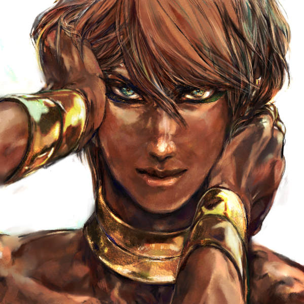 1boy, bad_id, bad_pixiv_id, blue_eyes, brown_hair, dark-skinned_male, dark_skin, egyptian